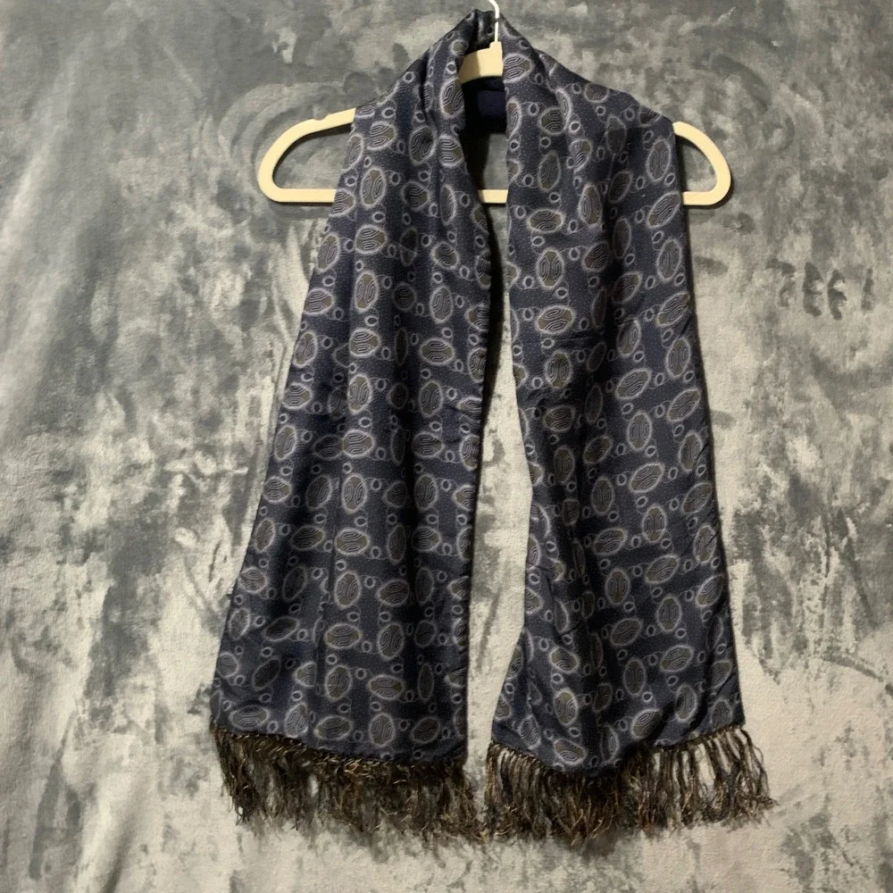 Barneys New York Scarf Mens Silk Wool Reversible Navy Blue Geometric Italy Made